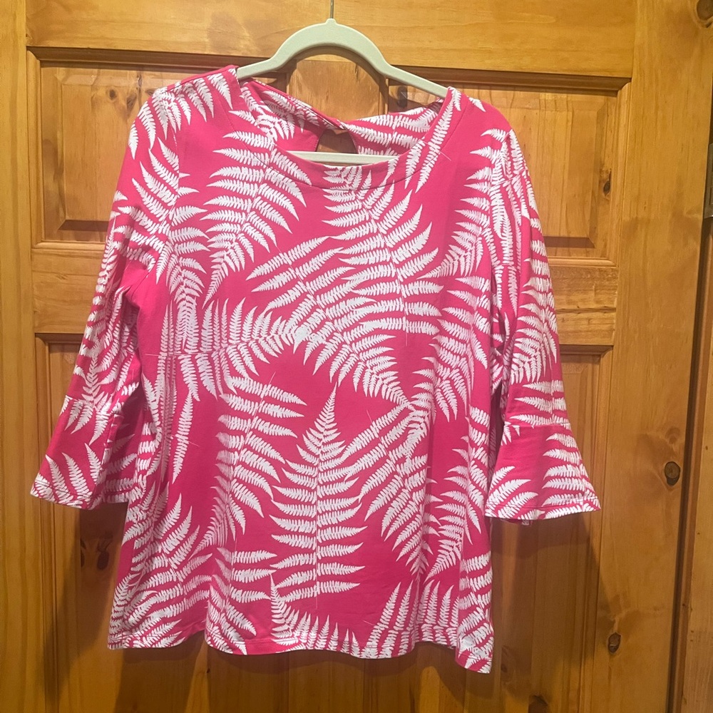 Kim Rogers XL top pink tropical print bell sleeves